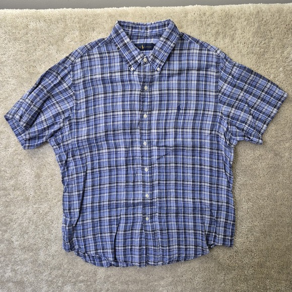 Polo Ralph Lauren Linen Shirt Men XL Button Down Blue Plaid Coastal Beach Camp - Picture 2 of 8